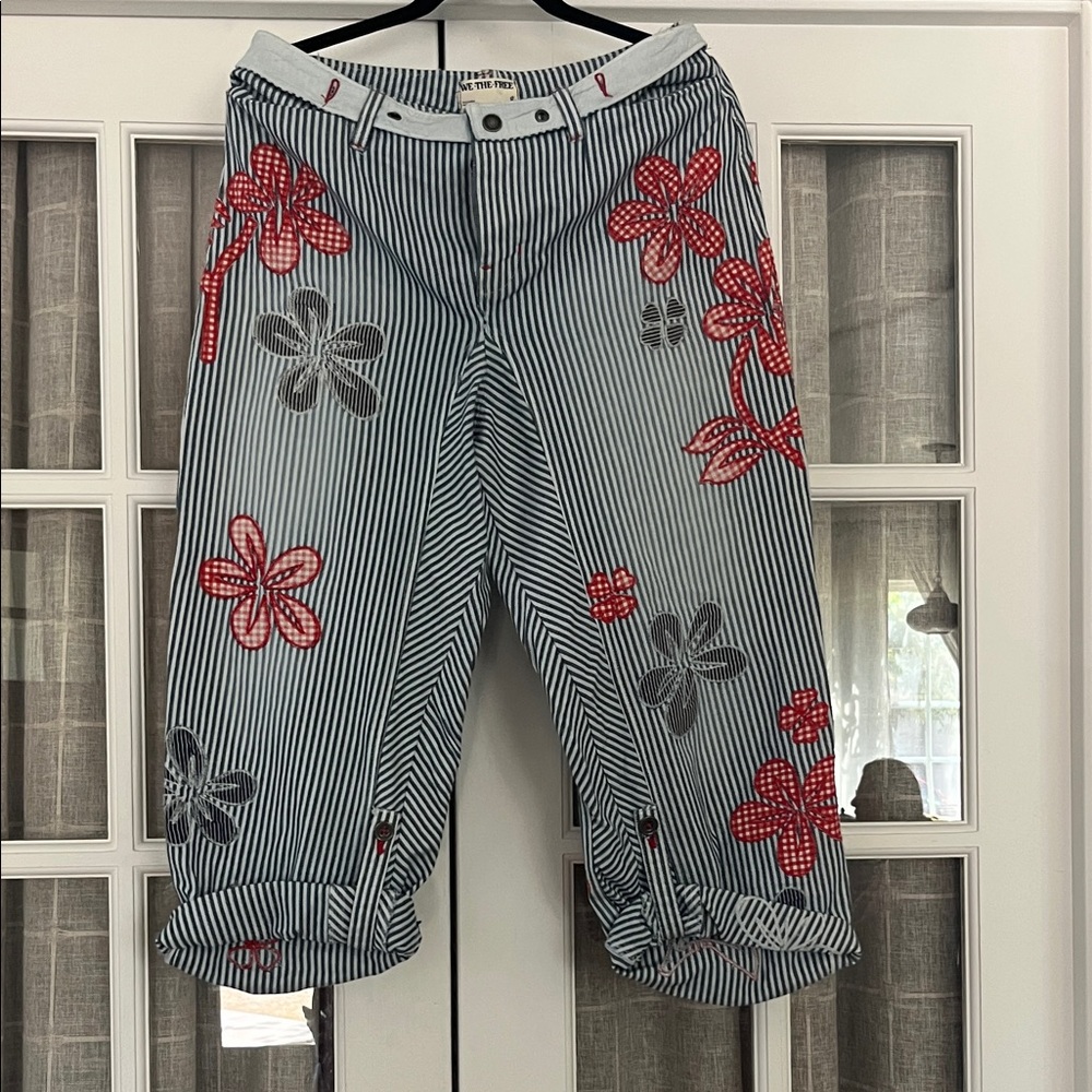 Free People Striped Pants with Red Floral Design